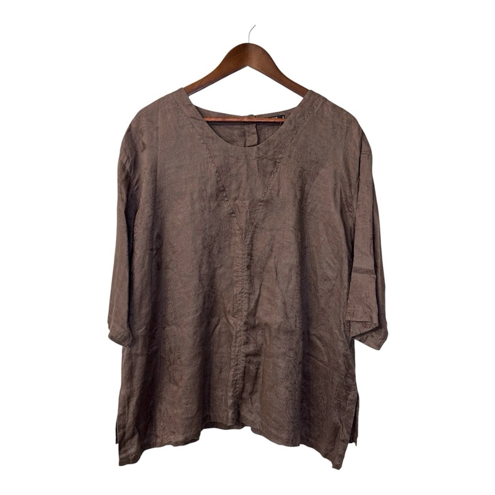 Vivid linen top womens 1X brown floral textured minimalist neutral resort casual